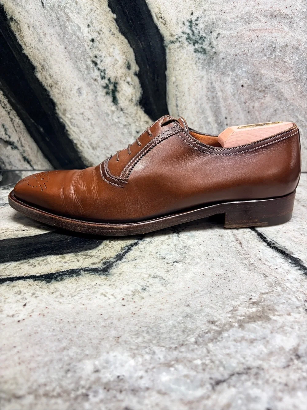 A.Testoni Black Label 8.5 M Brown Leather Medallion Oxford Shoes Italy